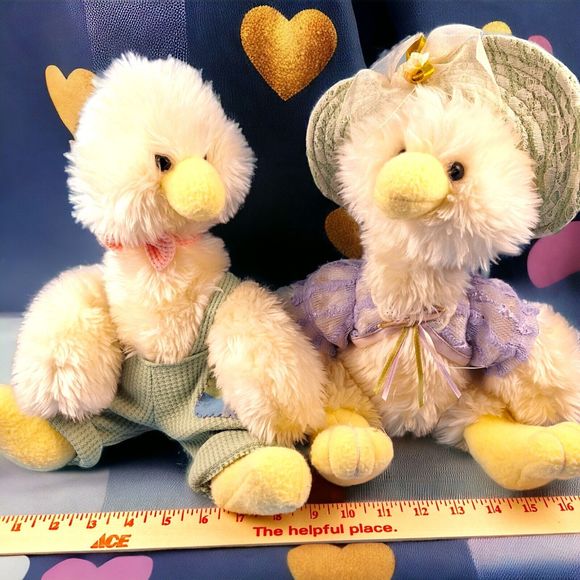 Handmade Fuzzy Duck Couple Bowtie Hat Lace Top Patchwork Overalls - Picture 3 of 4